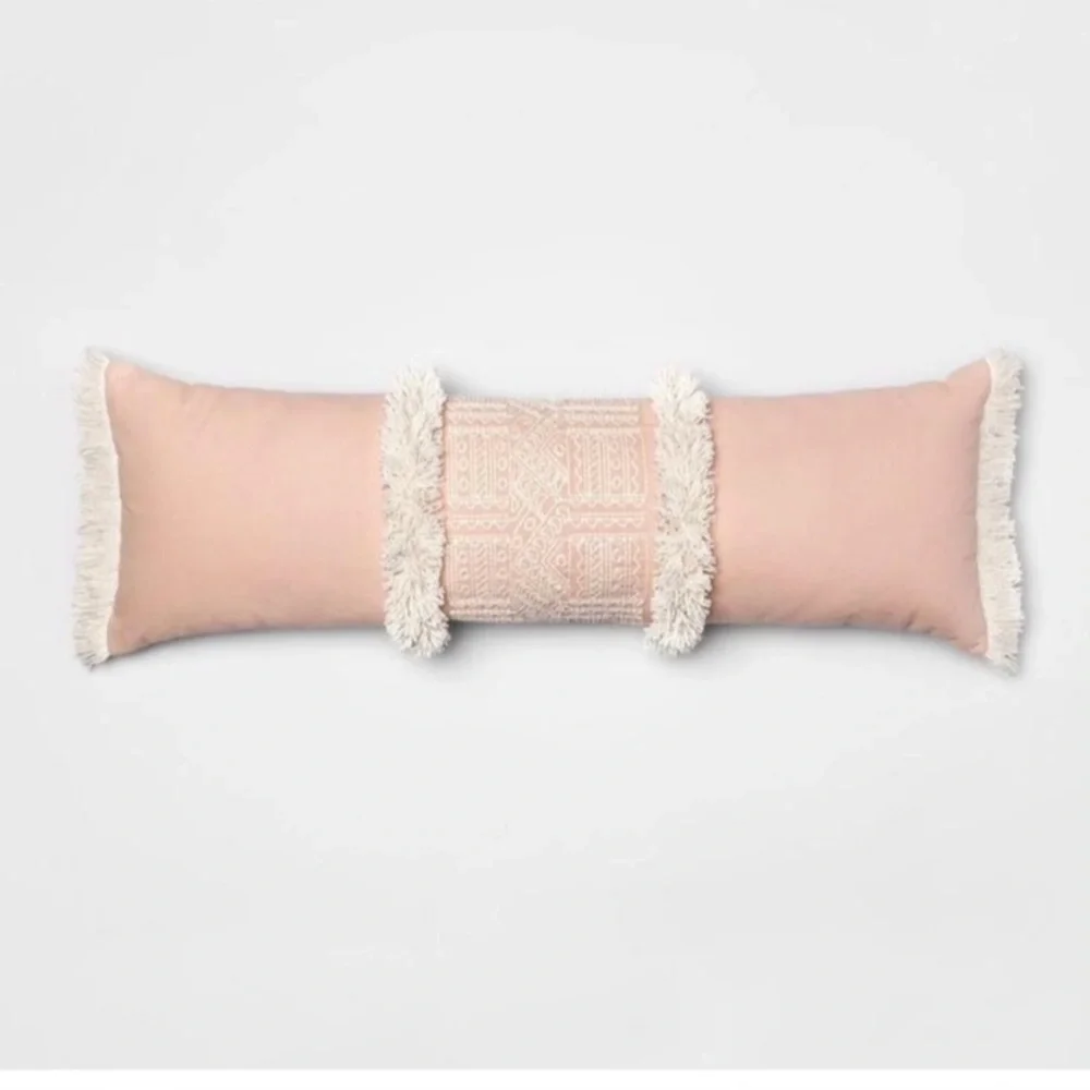 Opalhouse Boho Pink and white embroidered fringe Oversized Oblong Throw Pillow